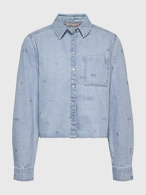 Denim Tommy Hilfiger Embroidery Cropped Denim Women's Shirts | TH342BOH