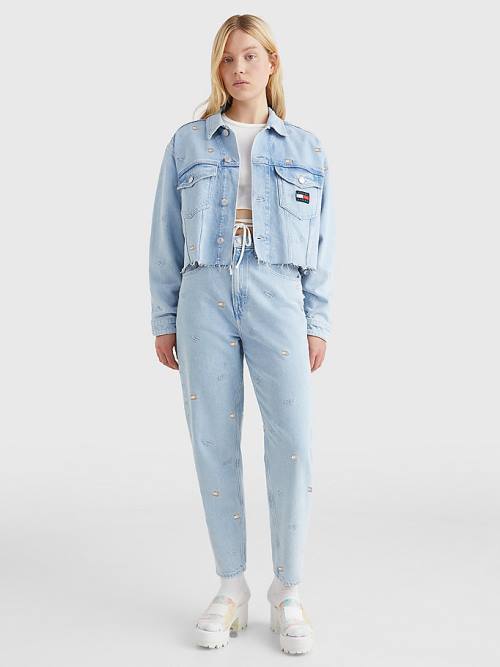 Denim Tommy Hilfiger Embroidery Oversized Cropped Denim Trucker Women's Jackets | TH218GUX