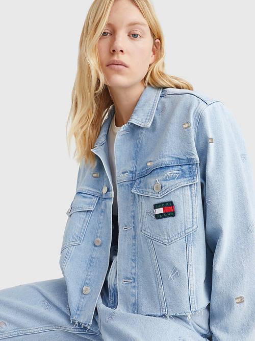 Denim Tommy Hilfiger Embroidery Oversized Cropped Denim Trucker Women's Jackets | TH218GUX