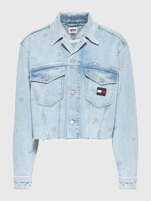 Denim Tommy Hilfiger Embroidery Oversized Cropped Denim Trucker Women's Jackets | TH218GUX