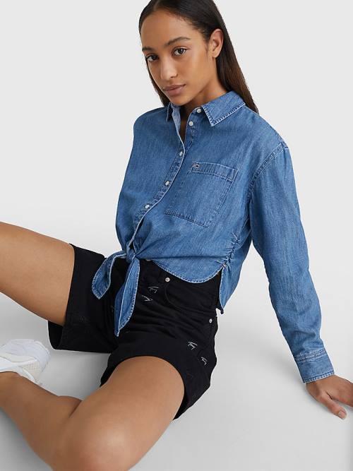 Denim Tommy Hilfiger Front-Tie Denim Chambray Women's Shirts | TH617EJR