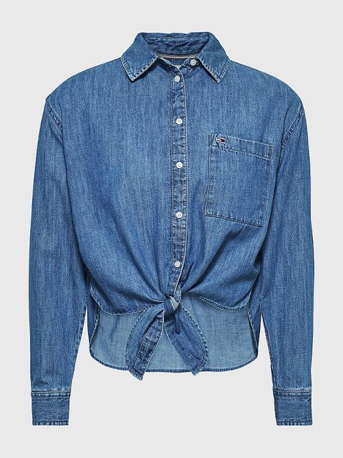 Denim Tommy Hilfiger Front-Tie Denim Chambray Women's Shirts | TH617EJR