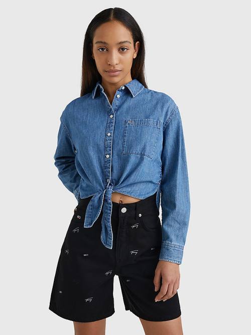 Denim Tommy Hilfiger Front-Tie Denim Chambray Women\'s Shirts | TH617EJR