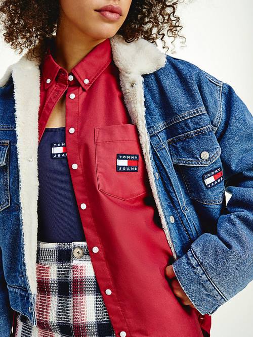 Denim Tommy Hilfiger Tommy Badge Sherpa Denim Women's Jackets | TH847EDN