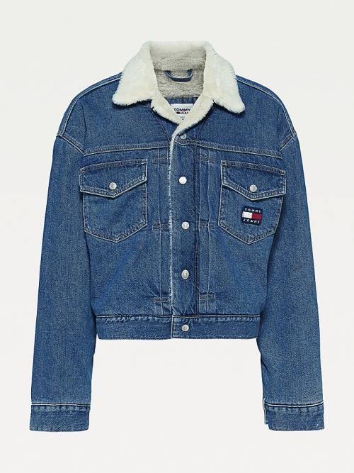 Denim Tommy Hilfiger Tommy Badge Sherpa Denim Women's Jackets | TH847EDN