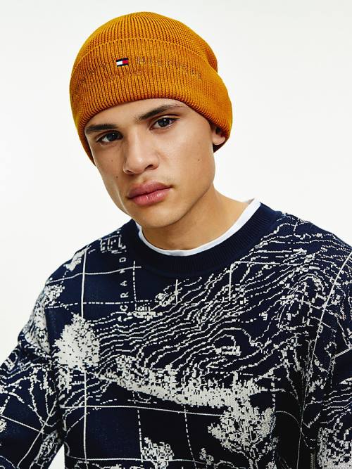 Gold Tommy Hilfiger TH Established Wool Cotton Beanie Men's Hats | TH523NXK