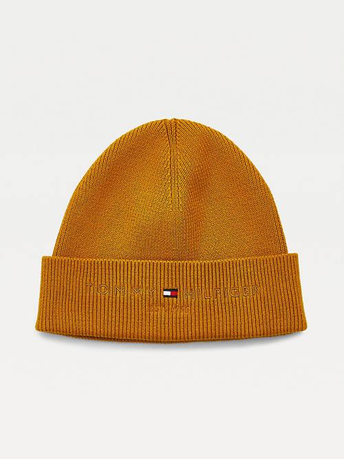 Gold Tommy Hilfiger TH Established Wool Cotton Beanie Men\'s Hats | TH523NXK