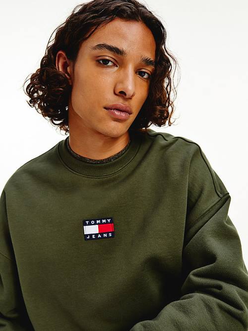 Green Tommy Hilfiger Badge Crew Neck Men's Sweatshirts | TH028RWG