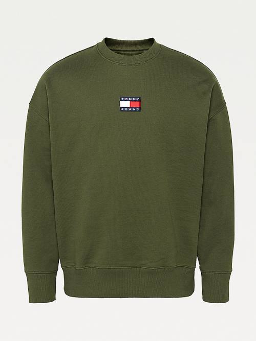 Green Tommy Hilfiger Badge Crew Neck Men's Sweatshirts | TH028RWG