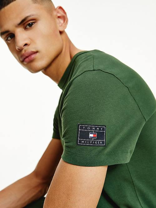 Green Tommy Hilfiger Flag Patch Sleeve Men's T Shirts | TH251OVB