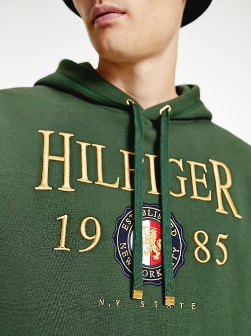 Green Tommy Hilfiger Icons Logo Embroidery Relaxed Fit Men's Hoodie | TH261HYG