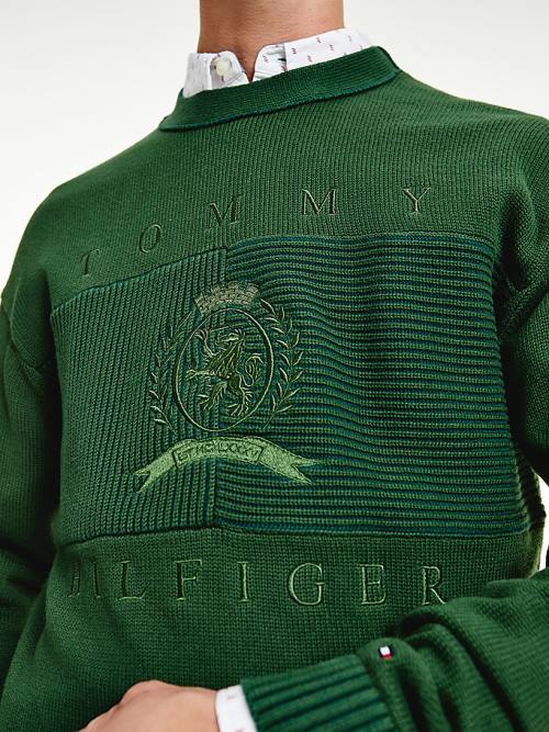 Green Tommy Hilfiger Icons Oversized Crest Flag Jumper Men's Sweaters | TH934UXL