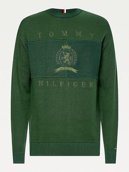 Green Tommy Hilfiger Icons Oversized Crest Flag Jumper Men's Sweaters | TH934UXL