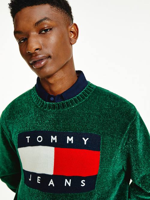 Green Tommy Hilfiger Intarsia Flag Relaxed Fit Jumper Men's Sweaters | TH408HBF