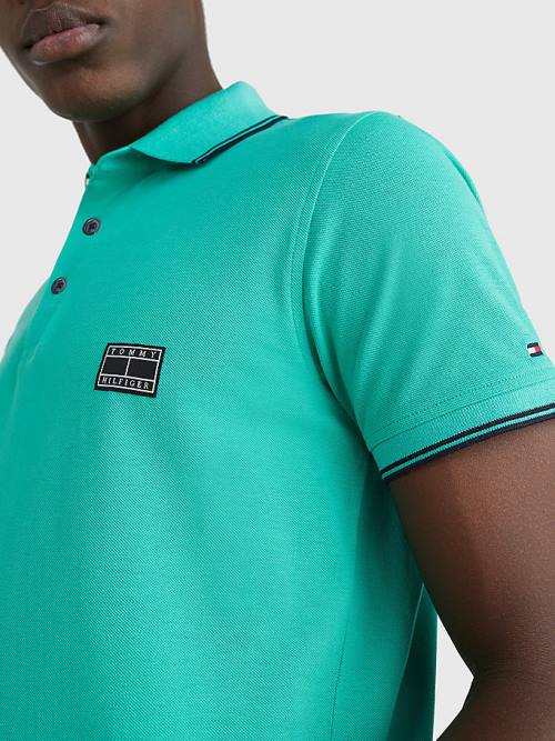 Green Tommy Hilfiger Logo Contrast Tipped Slim Men's Polo Shirts | TH259ZXR