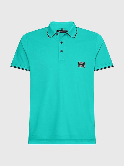 Green Tommy Hilfiger Logo Contrast Tipped Slim Men's Polo Shirts | TH259ZXR