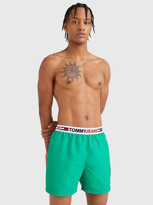 Green Tommy Hilfiger Logo Waistband Mid Length Shorts Men's Swimwear | TH184EQW