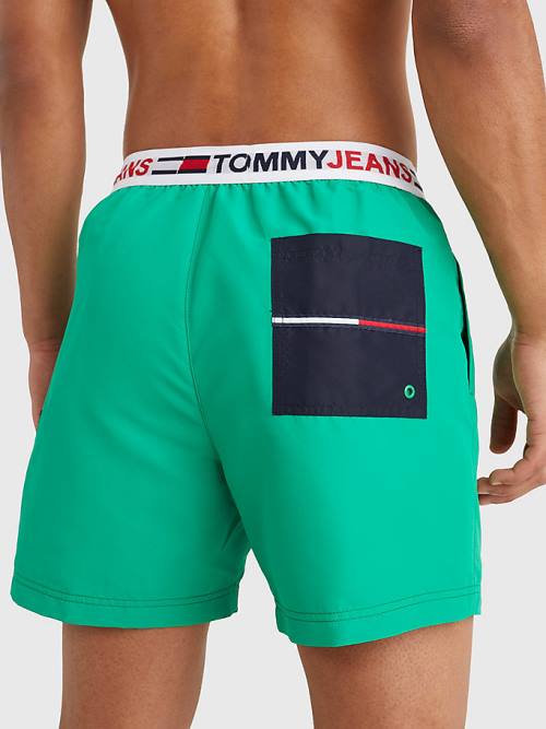 Green Tommy Hilfiger Logo Waistband Mid Length Shorts Men's Swimwear | TH184EQW