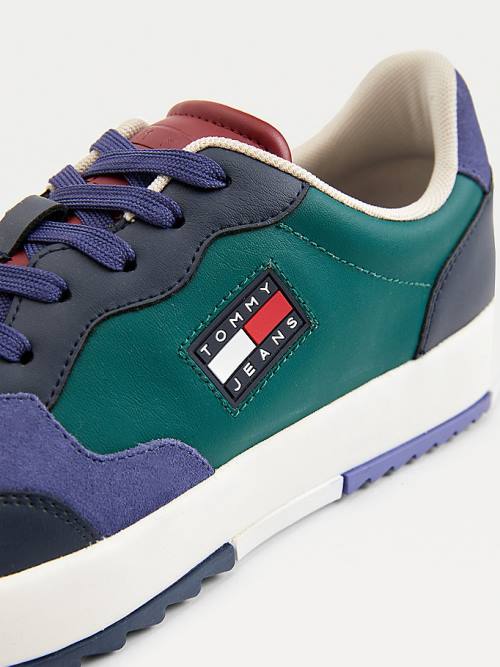 Green Tommy Hilfiger Mixed Texture Colour-Blocked Men's Sneakers | TH214OPA