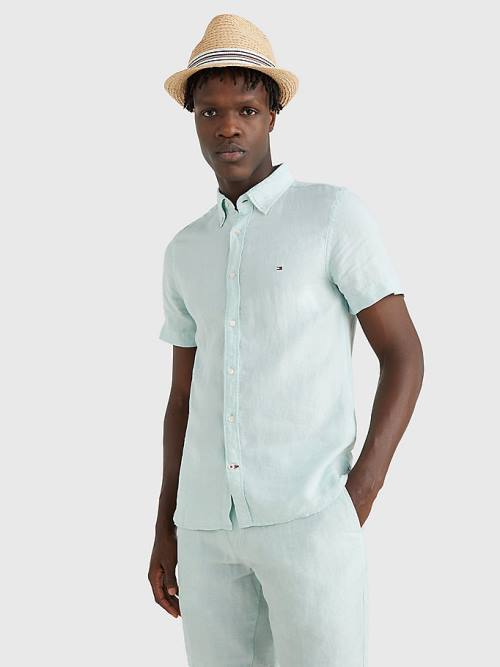 Green Tommy Hilfiger Pigment-Dyed Short Sleeve Linen Men's Shirts | TH419TLZ