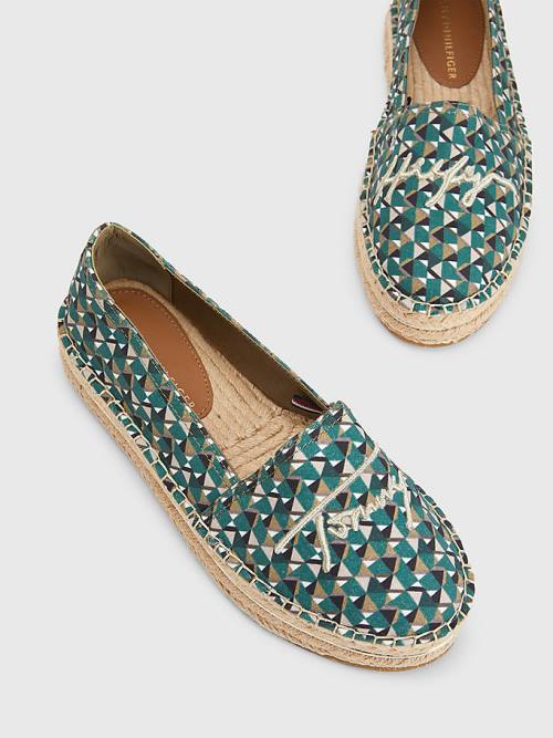 Green Tommy Hilfiger Printed Signature Logo Espadrilles Women's Loafers | TH623DTH