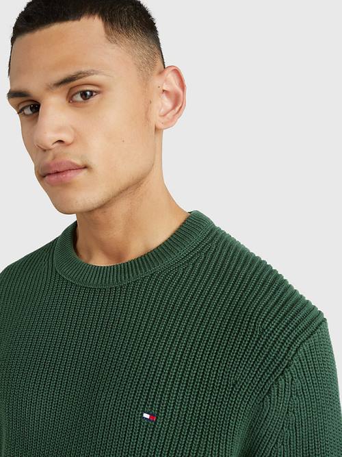 Green Tommy Hilfiger Ribbed Crew Neck Relaxed Fit Jumper Men's Sweaters | TH916QZF