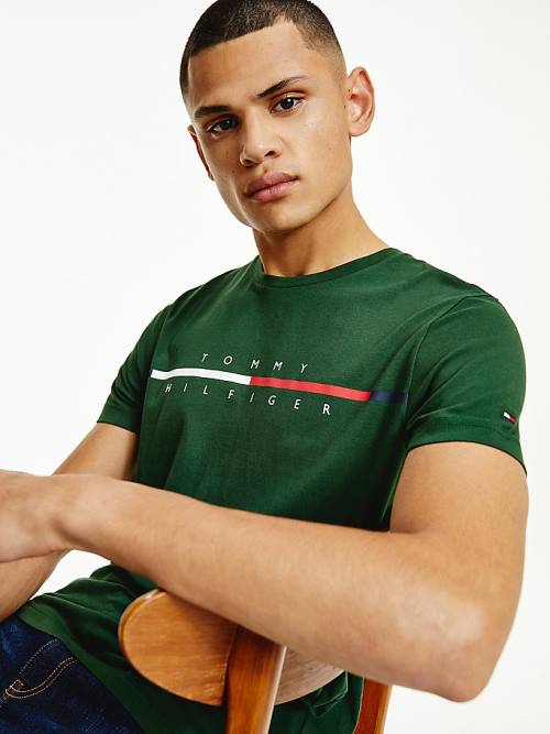 Green Tommy Hilfiger Signature Split Logo Men's T Shirts | TH406QND