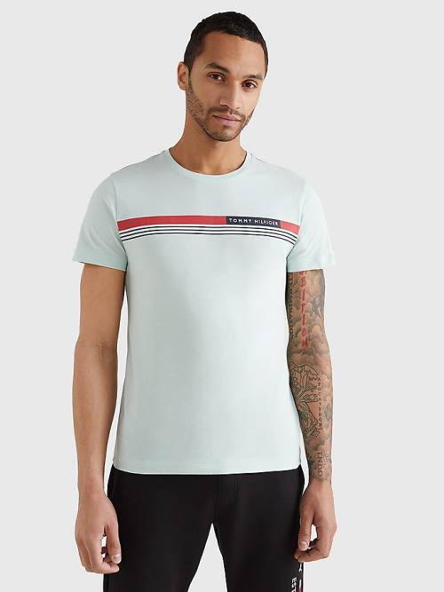 Green Tommy Hilfiger Signature Tape Men\'s T Shirts | TH973ZJG