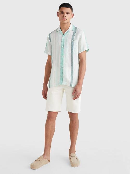 Green Tommy Hilfiger Stripe Short Sleeve Linen Men's Shirts | TH589MAR