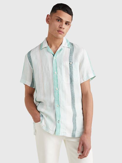 Green Tommy Hilfiger Stripe Short Sleeve Linen Men's Shirts | TH589MAR