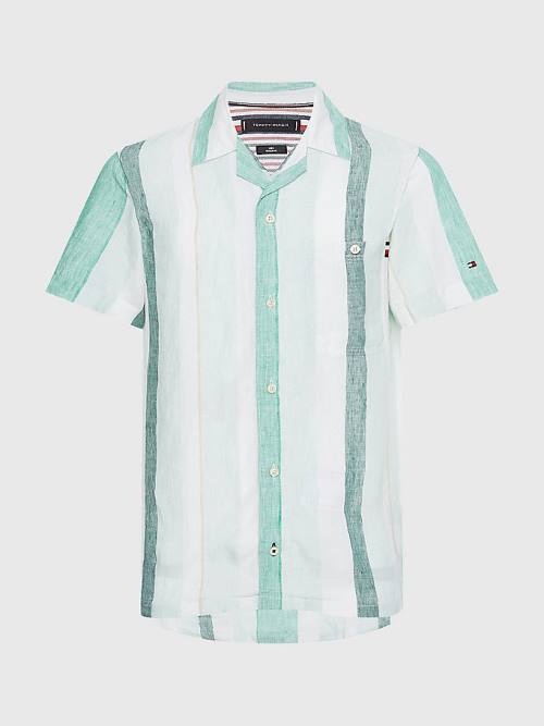 Green Tommy Hilfiger Stripe Short Sleeve Linen Men\'s Shirts | TH589MAR