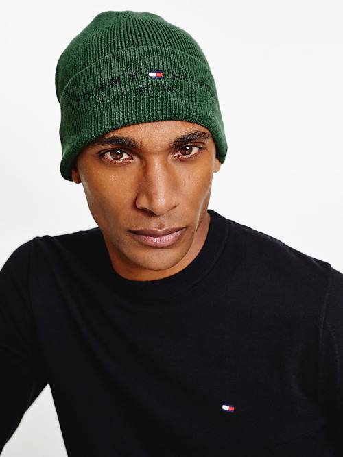 Green Tommy Hilfiger TH Established Knitted Cotton Beanie Men's Hats | TH260SCG