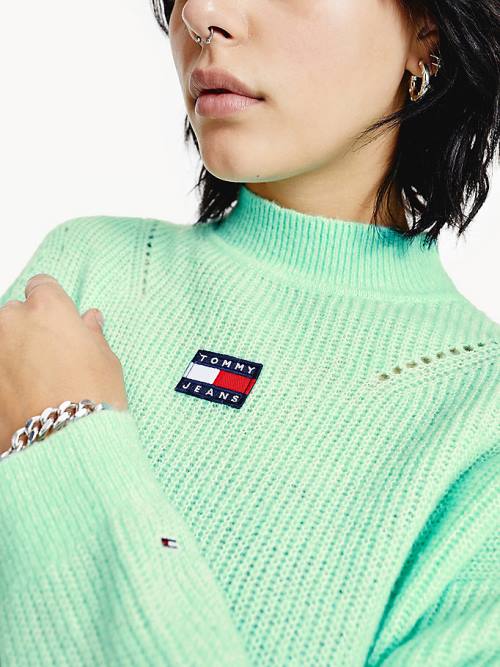 Green Tommy Hilfiger Tommy Badge Furry High-Neck Jumper Women's Sweaters | TH032SCO