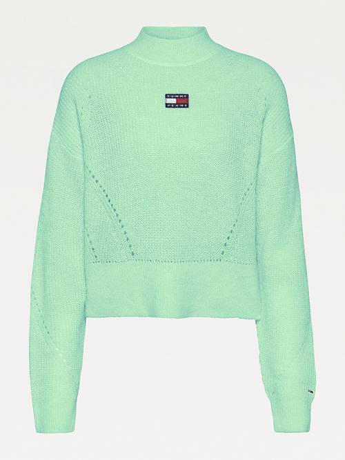 Green Tommy Hilfiger Tommy Badge Furry High-Neck Jumper Women's Sweaters | TH032SCO