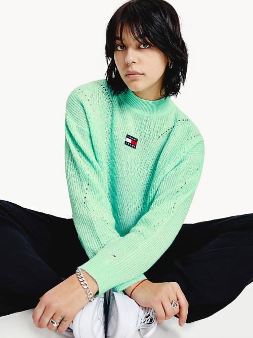 Green Tommy Hilfiger Tommy Badge Furry High-Neck Jumper Women\'s Sweaters | TH032SCO