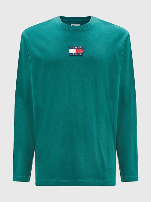 Green Tommy Hilfiger Tommy Badge Long Sleeve Men's T Shirts | TH247OTA