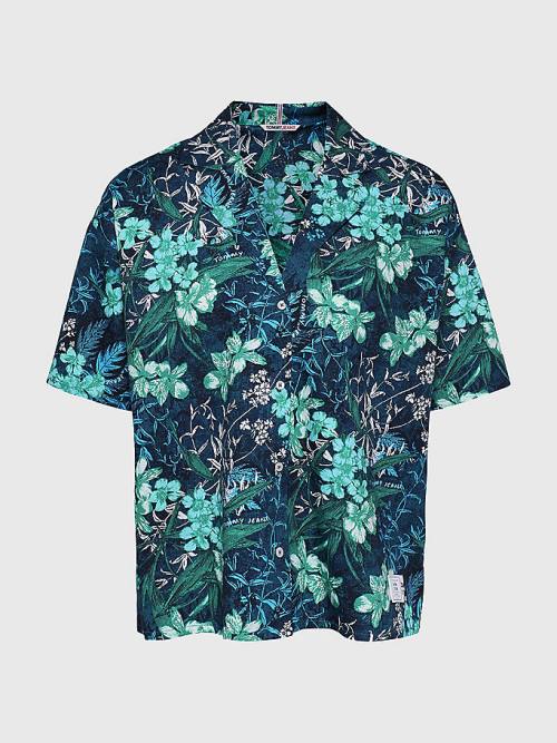 Green Tommy Hilfiger Tropical Print Oversized Short Sleeve Women's Shirts | TH203YHR