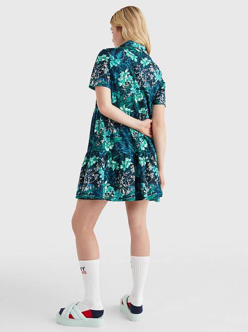 Green Tommy Hilfiger Tropical Print Short Sleeve Shirt Women's Dress | TH254CRU