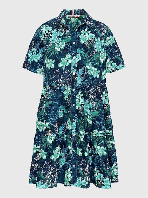 Green Tommy Hilfiger Tropical Print Short Sleeve Shirt Women's Dress | TH254CRU