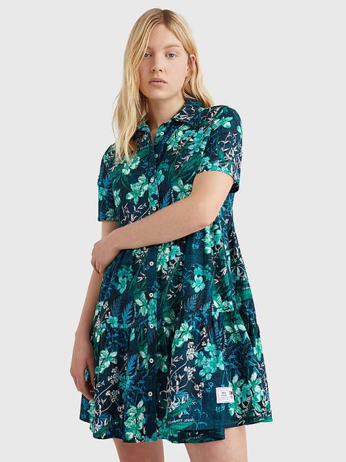 Green Tommy Hilfiger Tropical Print Short Sleeve Shirt Women\'s Dress | TH254CRU