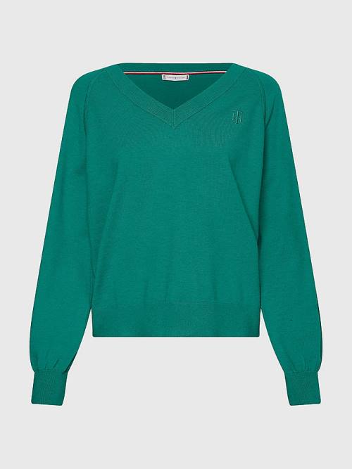 Green Tommy Hilfiger V-Neck Puff Sleeve Relaxed Fit Jumper Women's Sweaters | TH128SKL