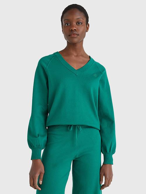 Green Tommy Hilfiger V-Neck Puff Sleeve Relaxed Fit Jumper Women\'s Sweaters | TH128SKL