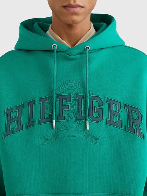 Green Tommy Hilfiger Varsity Crest Embroidery Men's Hoodie | TH683YMJ