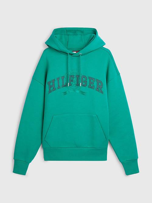 Green Tommy Hilfiger Varsity Crest Embroidery Men's Hoodie | TH683YMJ