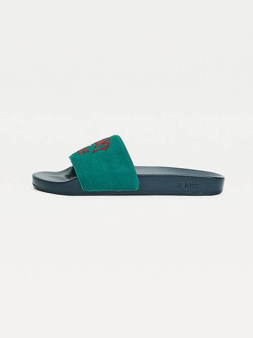 Green Tommy Hilfiger Varsity Pool Slides Men's Sandals | TH981WHC