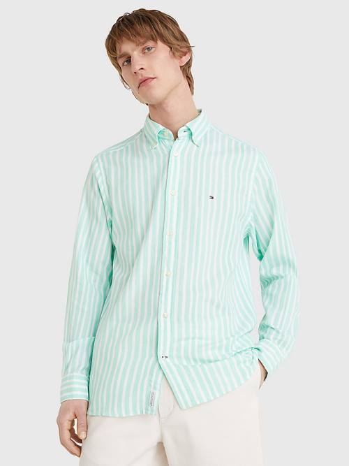 Green Tommy Hilfiger Vertical Stripe Regular Fit Men\'s Shirts | TH846TQE