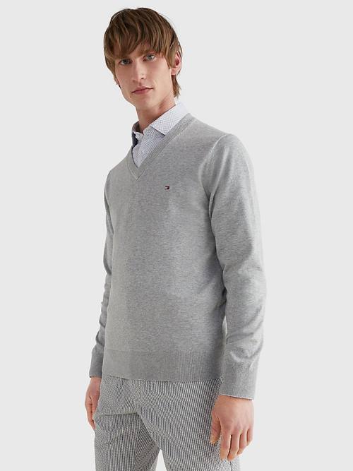 Grey Tommy Hilfiger 1985 Essential TH Flex V-Neck Jumper Men\'s Sweaters | TH149ZJX