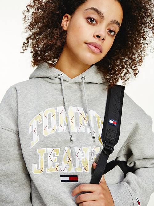 Grey Tommy Hilfiger Argyle Oversized Fit Logo Women's Hoodie | TH165LOG