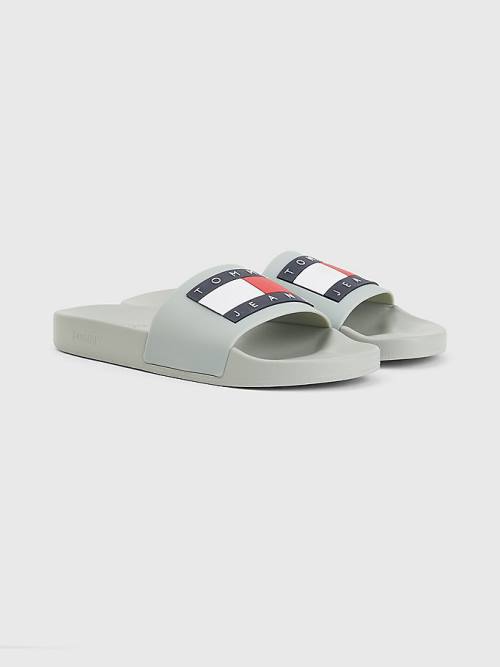 Grey Tommy Hilfiger Badge Pool Slides Men\'s Sandals | TH601DXK