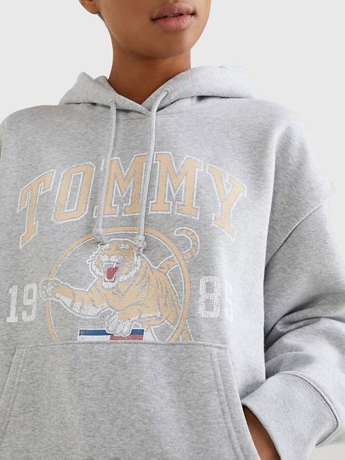 Grey Tommy Hilfiger College Tiger Logo Relaxed Women's Hoodie | TH615MWV